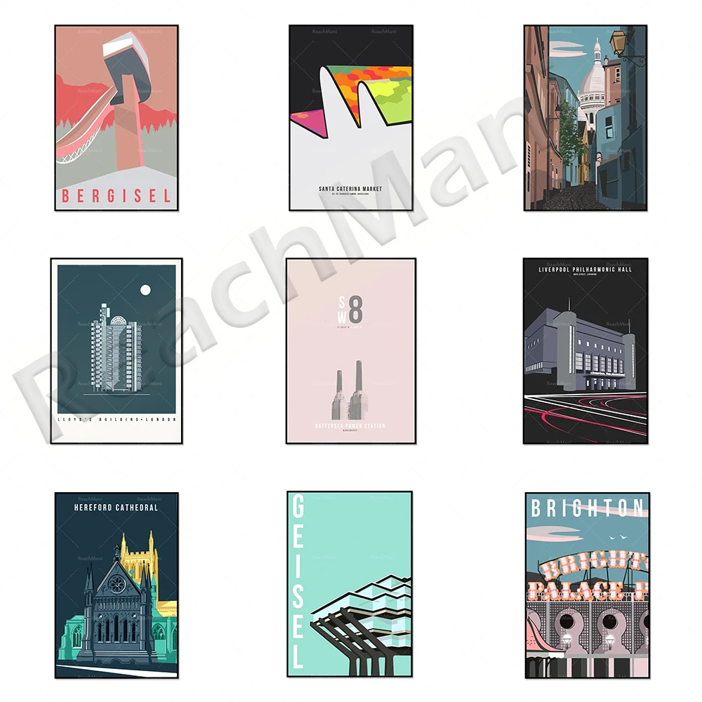 BT Tower, Liverpool, Lyon, Battersea, Hereford Cathedral, Sacre Coeur, Barcelona, Lloyd's Building, Brighton Architecture Poster