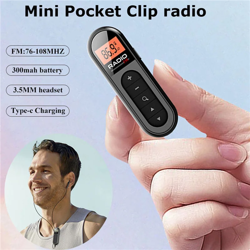 FULL-2X Mini Pocket Radio FM Ricevitore radio portatile ricaricabile 76-108MHZ con display LCD retroilluminato Cuffie cablate da 3,5 mm