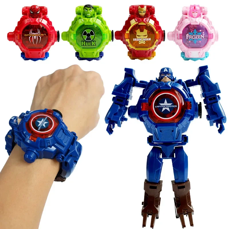 Marvel Iron Man Spiderman Cartoons Children's Watch Deformation Robot 3d LED Luminous Watch Children's Model Toy Watch