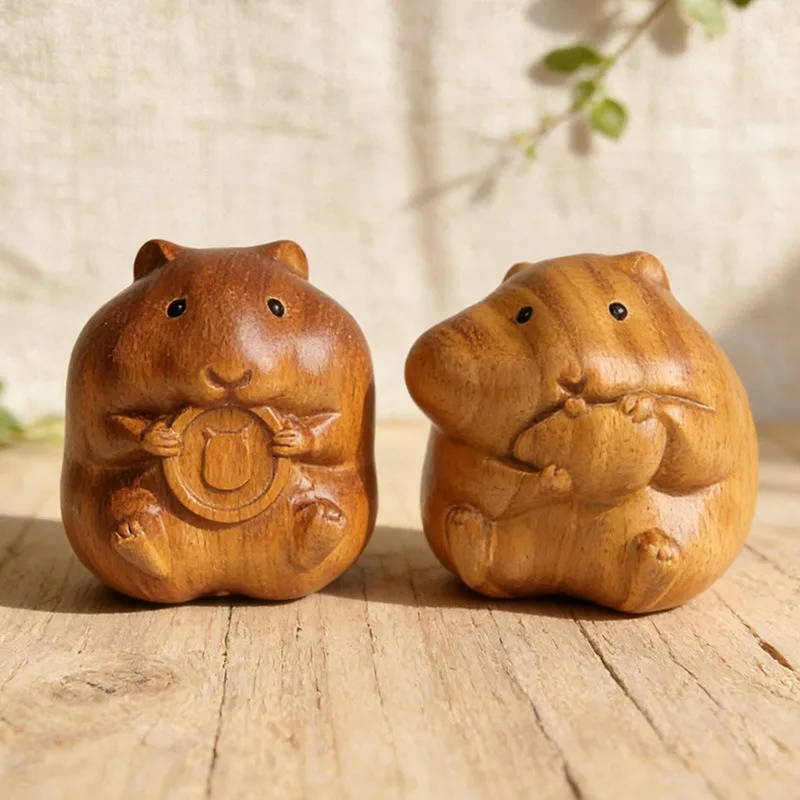 Golden Sandalwood Carved Hamster Figurines Popular Fidget Handle Piece Tea Table Office Desk Decor Wooden Craft Home Decoration