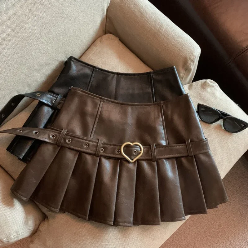 Bomon 2000's Motorcycle Style Y2K Fall/Winter New High-Waisted Retro Pleated Skirt PU Leather Skirt American Retro Sexy Skirt