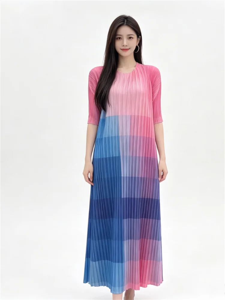 Miyake Women Gradient Color Block Pleated Maxi Dress Round Neck Half Sleeve Loose Casual Flowy Long Dress