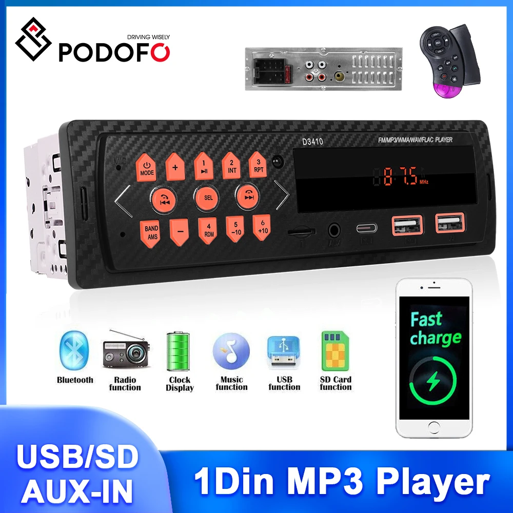 Podofo 1DIN In-Dash Car Radio 12V Car MP3 Player Bluetooth AUX Audio U-disk/AUX-in/TF Card Type-C Charging RCA Audio Car Stereo