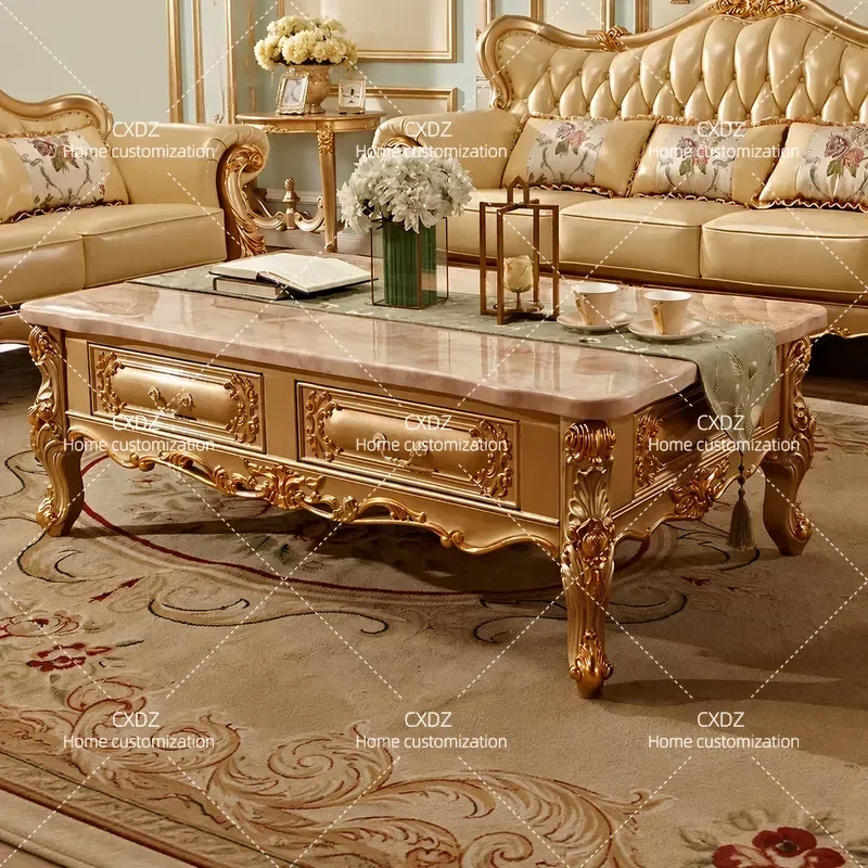 European marble coffee table, small apartment living room square solid wood coffee table TV cabinet sofa 123 combination