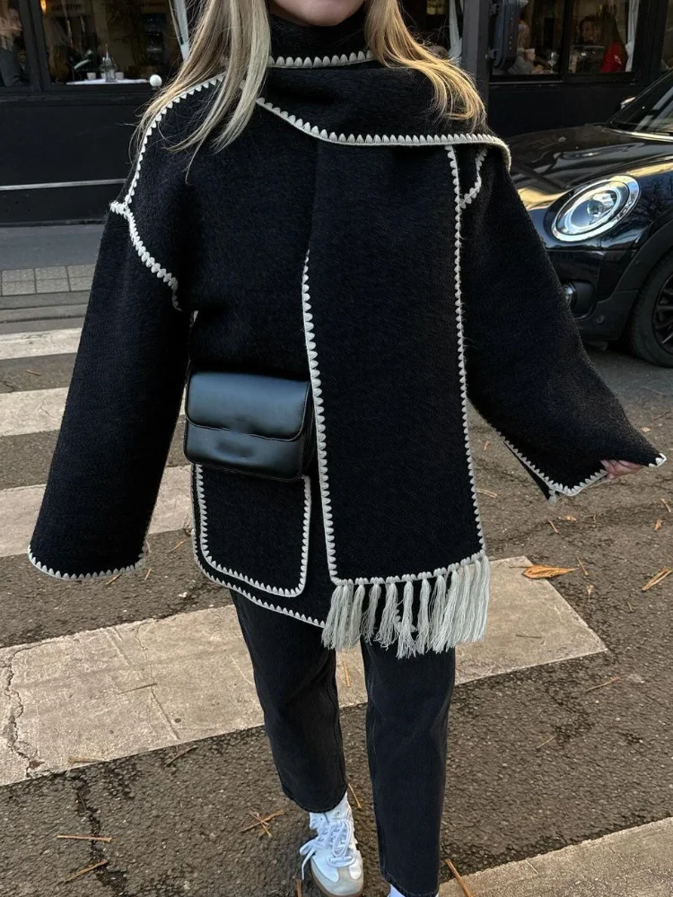 Veste à simple boutonnage avec pompon pour femme, manteau irrégulier, poche patchwork, col écharpe, streetwear chic, mode décontractée élégante, nouveau, 2025