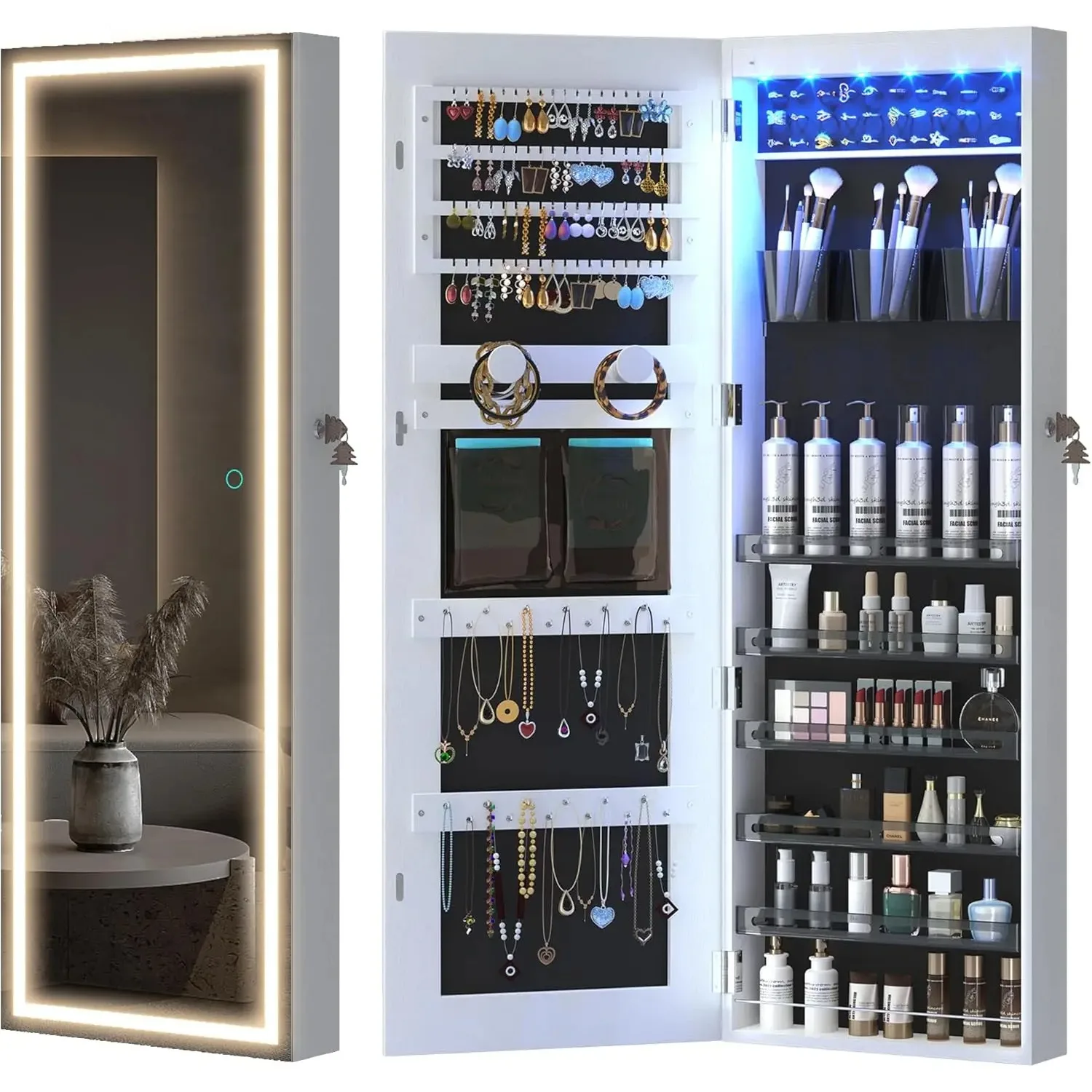 LED Mirror Jewelry Cabinet, Wall/Door Mount Jewelry Armoire Organizer with Lights, Full Length Mirror with Jewelry Storage