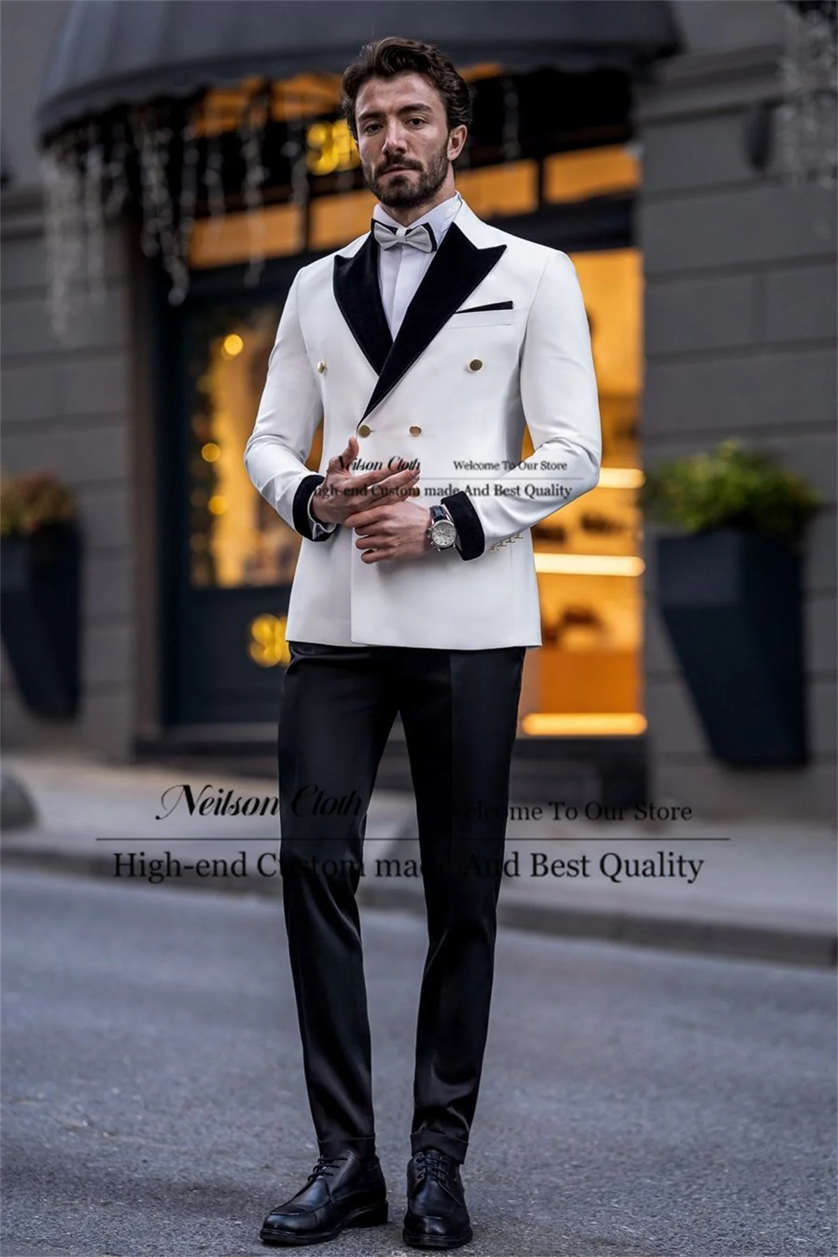 

White Jacket Male Prom Blazers 3 Pcs Sets Black Pant Groom Wedding Tuxedos Peaked Lapel Customized Double Breasted Costume Homme
