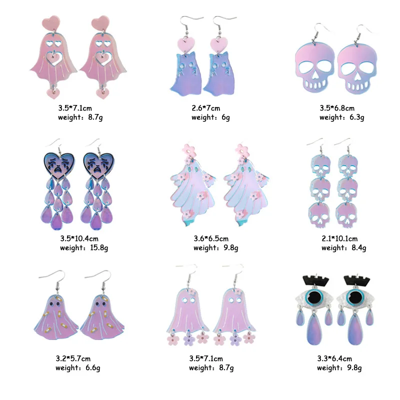 Halloween Collection Laser Colorful Y2K Acrylic Pendant Earrings Geometric Skull Head Ghost Pumpkin Outward Party Jewelry Gifts