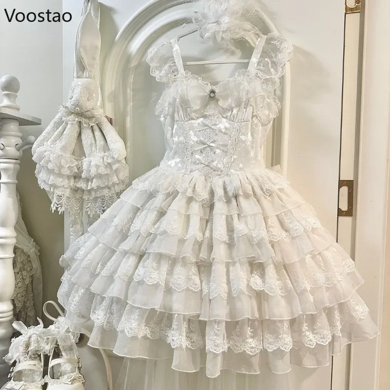 Japonês vitoriano gótico lolita vestido feminino estilo punk doce laço arco vestidos de festa à noite branco harajuku y2k vestido de princesa