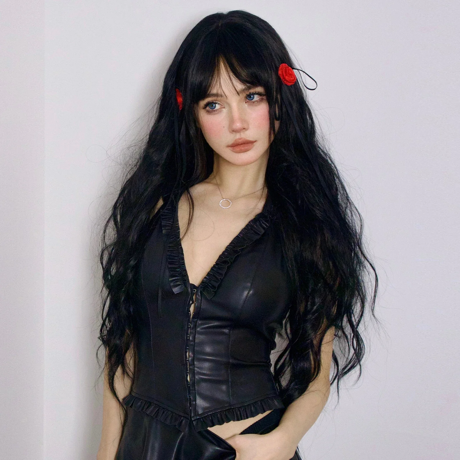 

EASIHAIR Long Loose Wave Black Synthetic Wig with Bangs for Women Natural Hair Cosplay Daily Water Wavy Wigs Heat Resistant