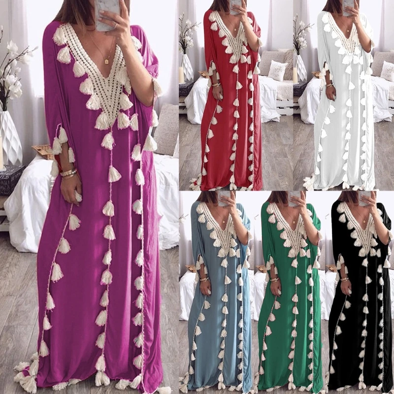 Womens árabe islâmico dubai kaftan meia manga sexy profundo com decote em v muçulmano maxi vestido longo robe borlas guarnição turquia casual solto acima