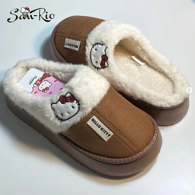 Hello Kitty Plush Slippers Winter Cosy Warm Slippers Women Men Cotton Slipper Non-Slip Soft Slides Indoor Mule Home Cotton Shoes