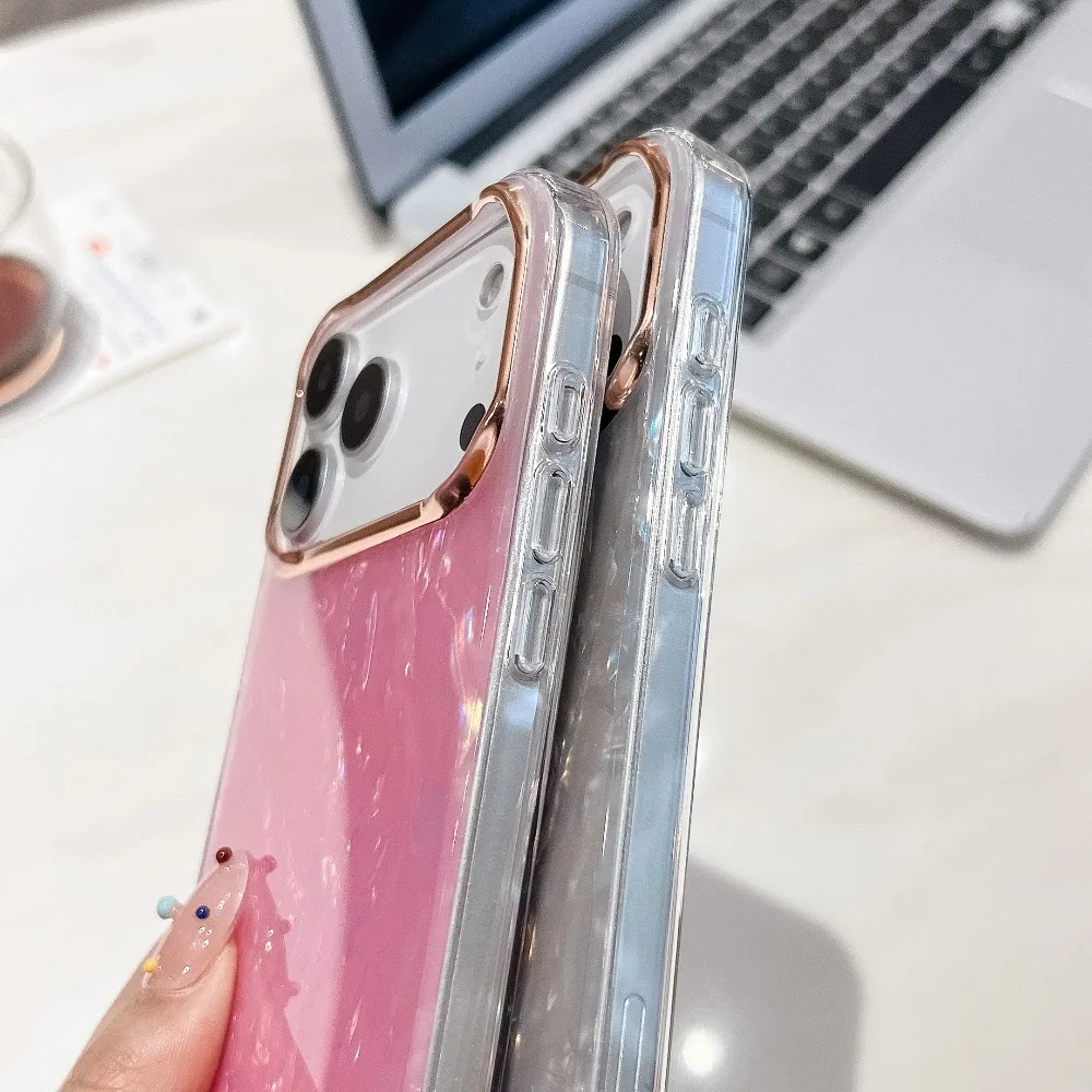 حافظة فاخرة بنمط شل ليزر أورورا لهاتف آيفون 17 إير 16 E 15 14 Plus 13 12 11 Pro Max غطاء كامرا بلينغ لامع