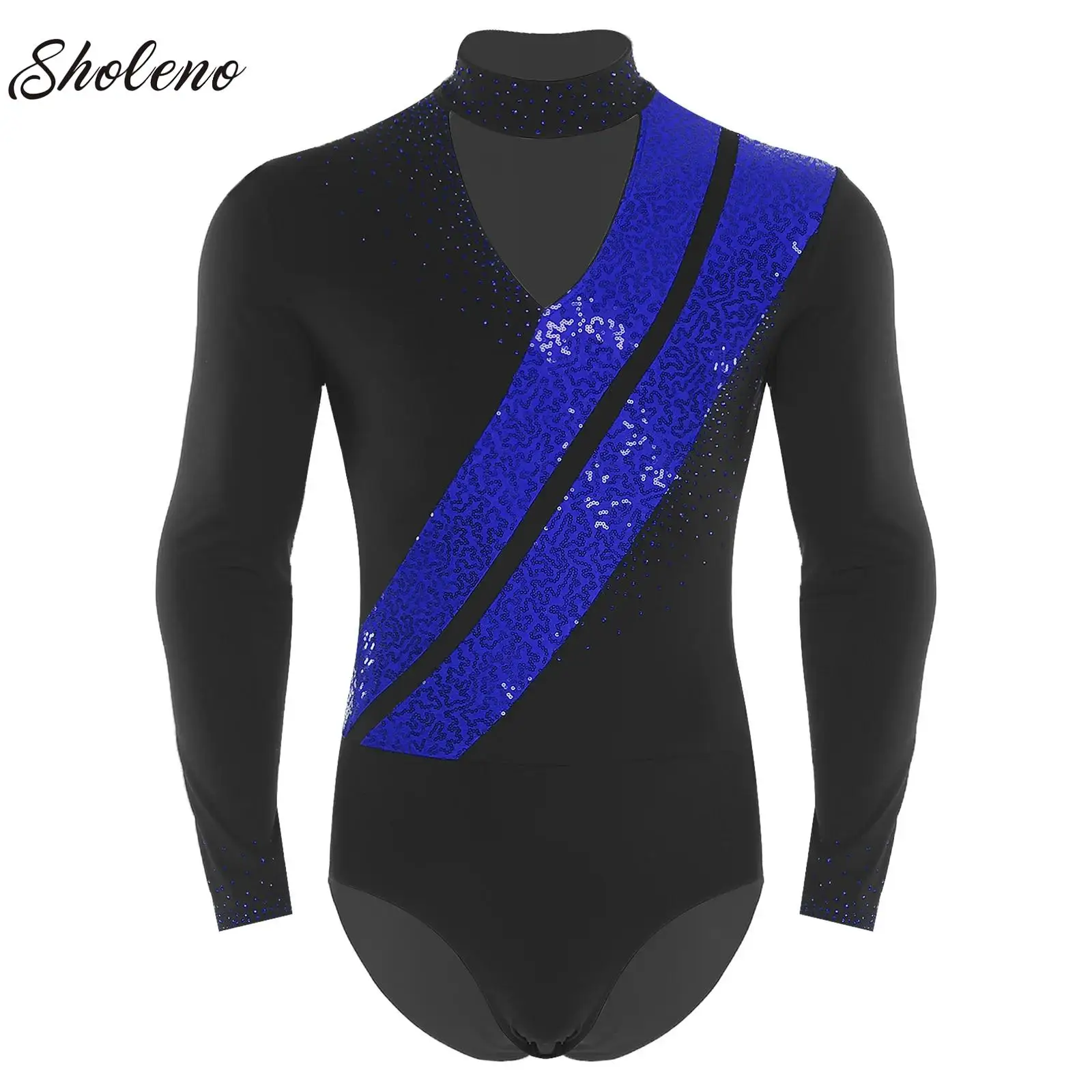 

Ballet Dance Gymnastics Acrobatics Jersey Mens Glittery Sequins Figure Skating Bodysuit V Neck Long Sleeve Performance Costume