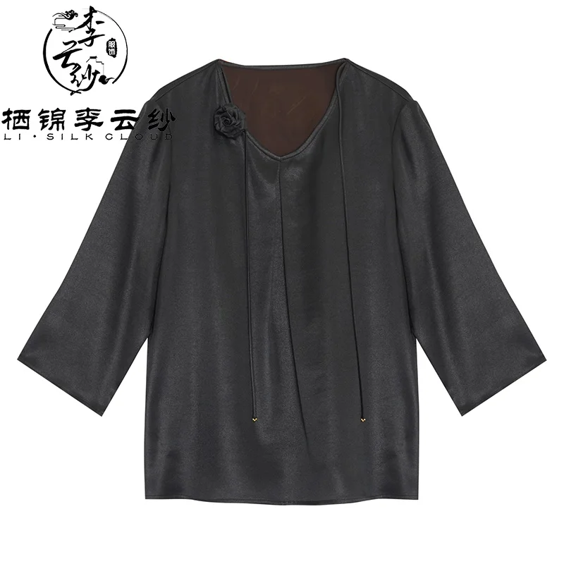 LI SILK CLOUD xiangyunsha Stand-Collar Short Sleeve Top Ancient Style Oriental Patterns Guangdong Black Pearl  Guangdong Gauze