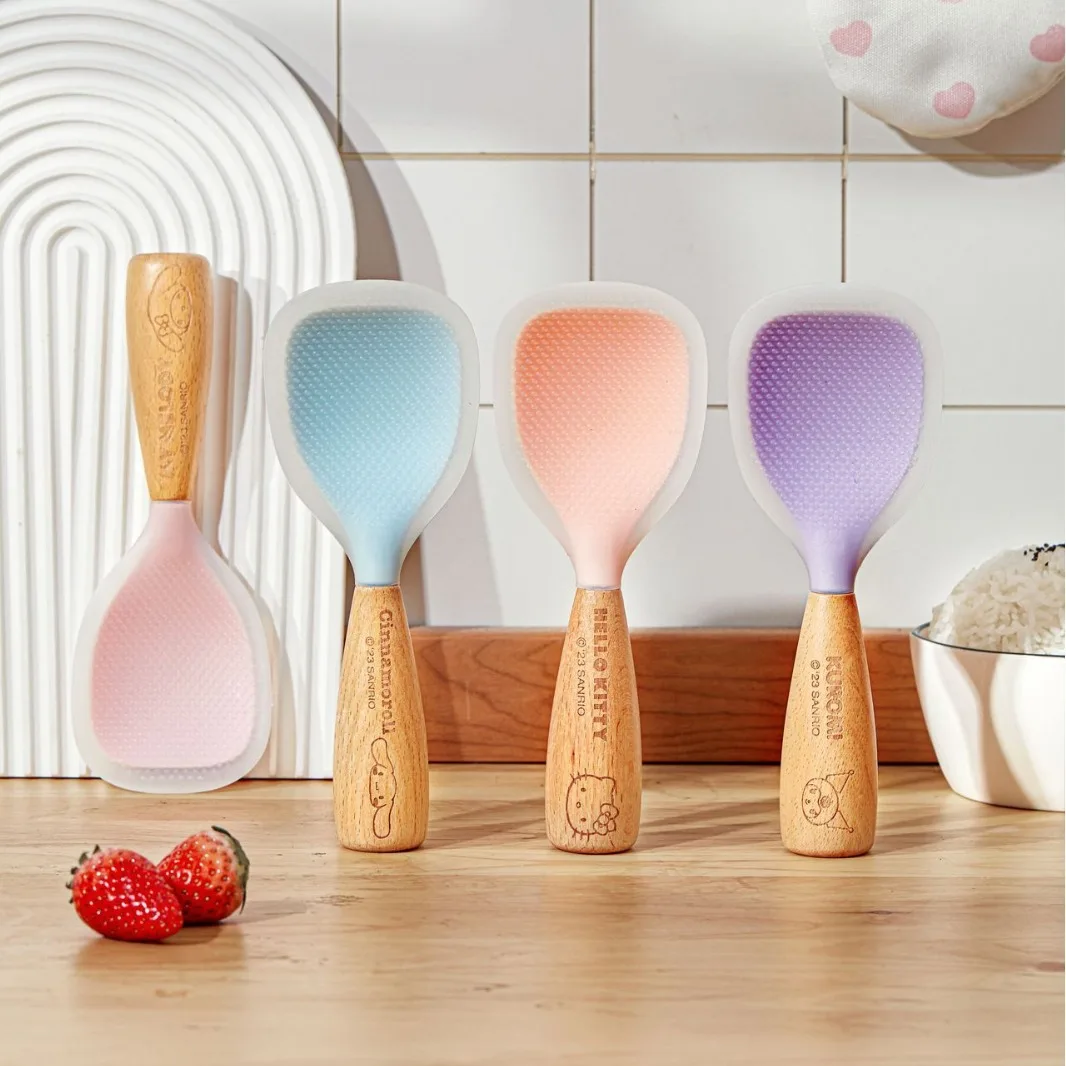 

New Sanrio Hello Kitty Silicone Kitchenware Wooden Handle Rice Spoon Cartoon Cute Upright Household Rice Cooker with Rice Spoon