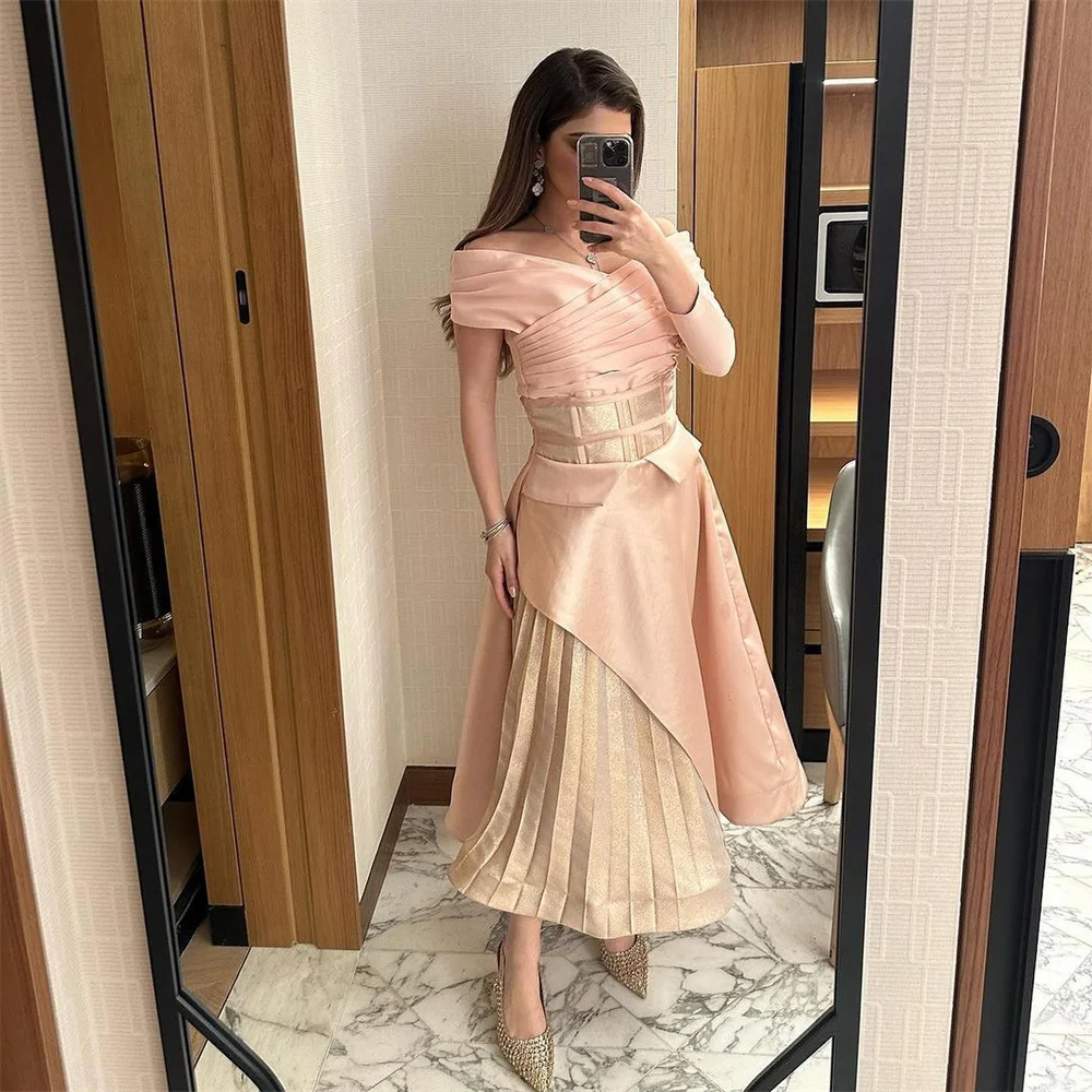 

Tarot Off Shoulder Pleated Prom Dresses Satin A Line Long Sleeves Vestidos De Fiesta Elegant 2024 Tea Length Saudi Evening Gowns