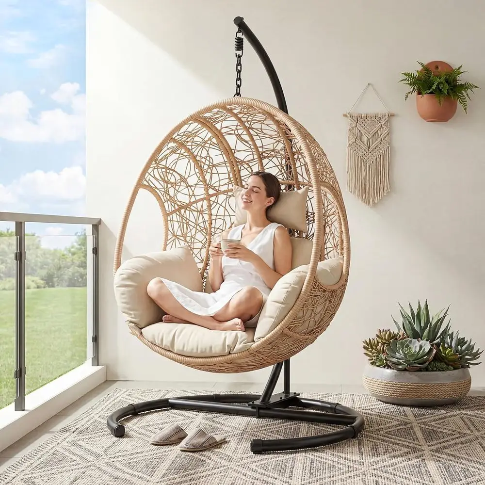 

Outdoor Wicker Hanging Egg Chair with Stand, 400lbs Capacity, Ideal for Patio, Garden, or Balcony
