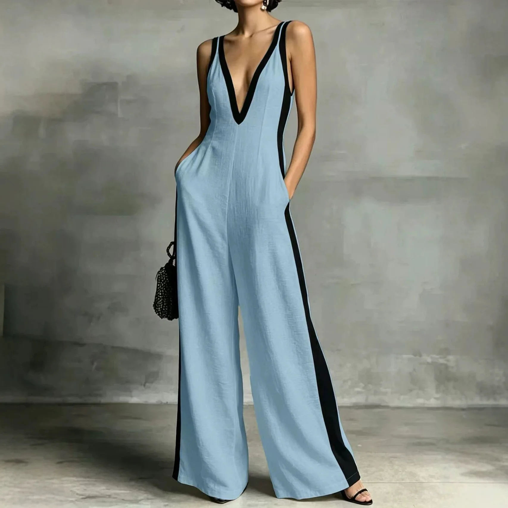 

Sexy Deep V Neck Wide Leg Jumpsuit Women Summer Sleeveless Backless Vintage Elegant Color Blocking Pants Jumpusits Woman Romper