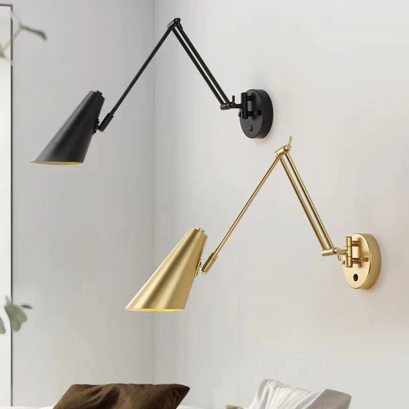 Nordic bedroom bed wall lamp reading light luxury simple study with switch folding telescopic rotating rocker arm lamps