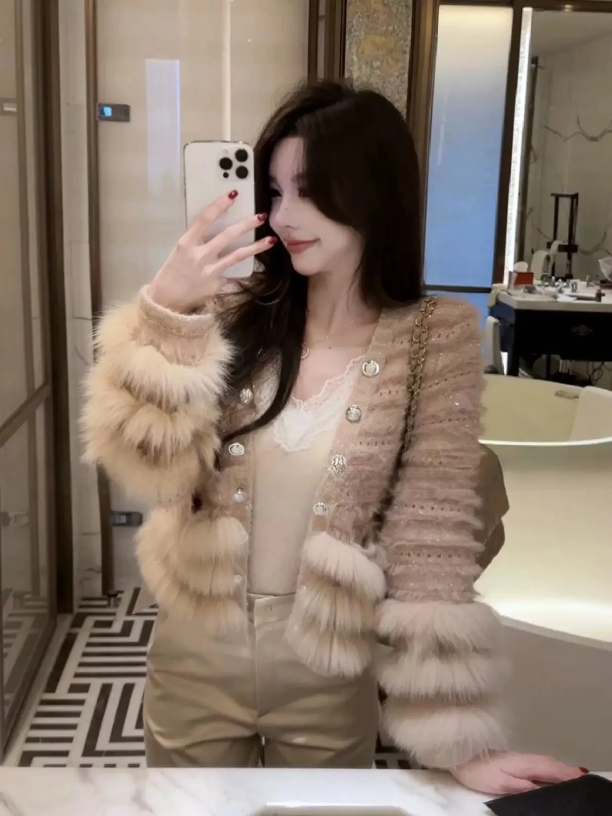 Elegant V-Neck Knitted Sweater Coat Women's Fashion Fall Winter Fur Sleeve Cashmere Soft Long Sleeve Button up Top