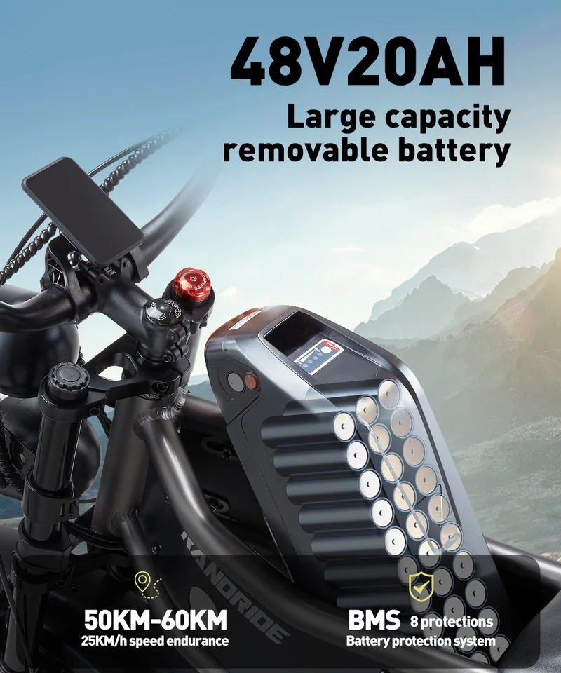 Electric Bike for Adults RANDRIDE DM711, 2000W Motor, 48V 20Ah Removable Lithium Battery, 20*4.0 inch Fat TireFull Suspension Electric Mountain Bike, Mechanical Brake, Long Range Off-Road Beach Snow Bicycle, 40-45KMH Max Speed image 4