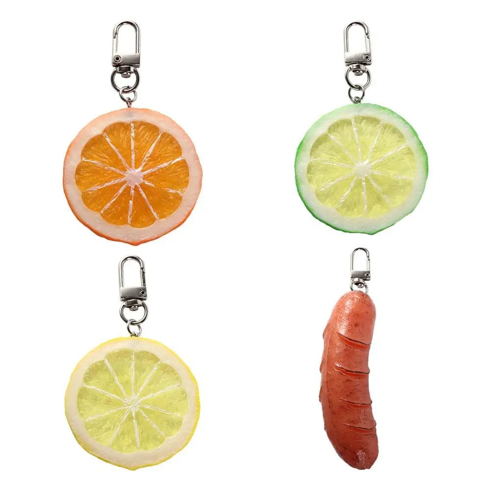 Unique Food Lemon Slice Key Chain Orange Slice Acrylic Hot-dog Pendant Backpack Charms PVC Simulation Food Key Ring Women