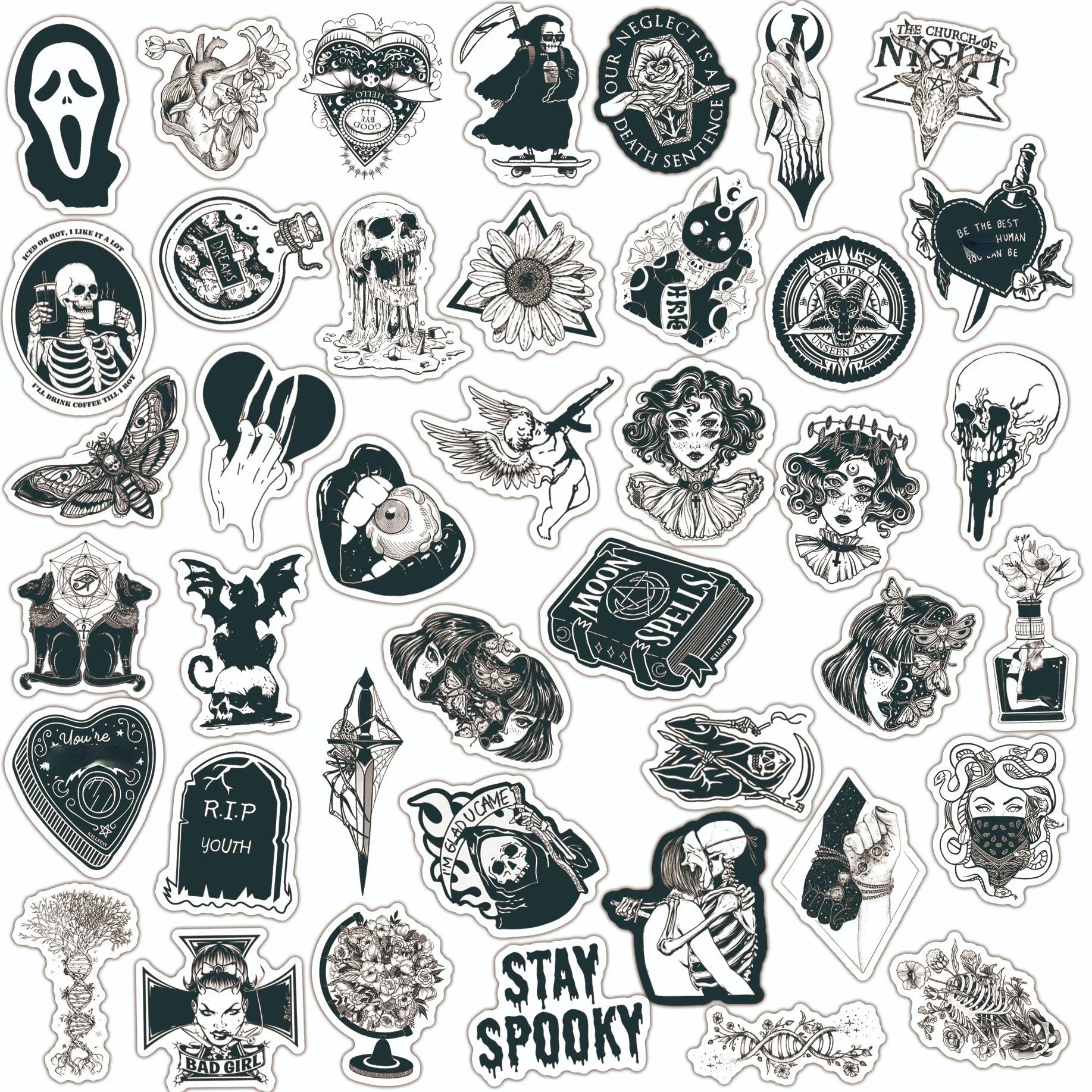 100PCS Mixed Black White Gothic Stickers Graffiti Motorcycle Skateboard Travel Phone Case Decal Toys Sticker Waterproof