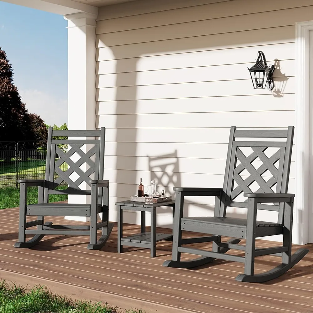 

US Shipping Outdoor Rocking Chair Set of 2 with Side Table HDPE Weather Resistant Patio Rocking Chairs Porch Rocker with Wood