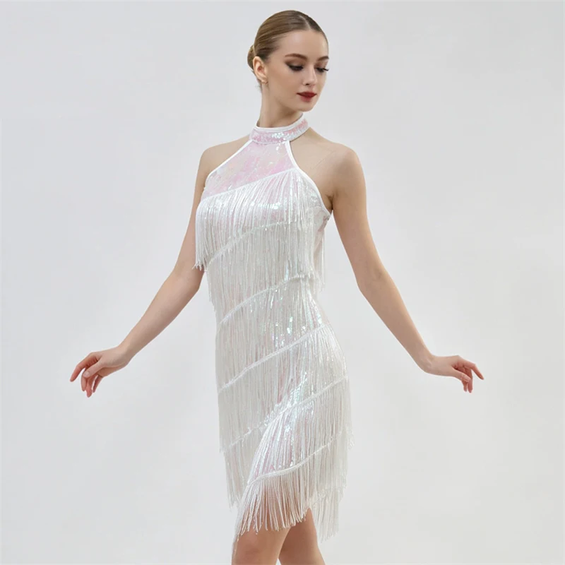 Damen Latein Tanzkleid Pailletten Fransen Neckholder Rückenfreies Tanzkostüm Glänzendes Samba Tango Cha Cha Performance Partykleid 2026 – Detail 5