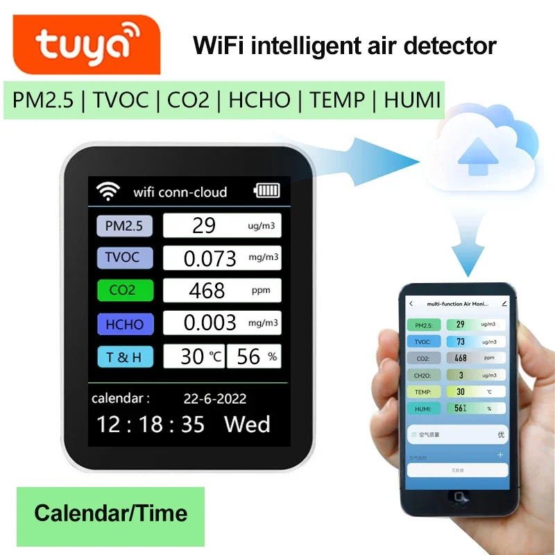 New Tuya WiFi 6 In 1 Multifunctional Detector Portable Air Quality Detector TVOC CO2 Gases CH2O Temperature Humidity Detecting