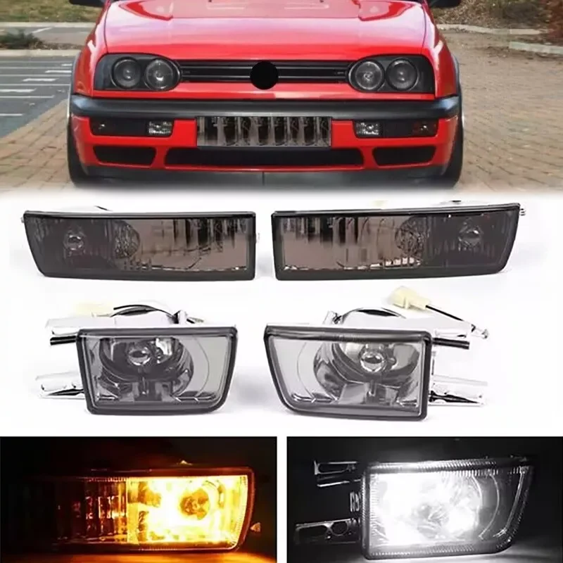 4PCS Set Car Smoked Front Bumper Fog Light + Turn Signal Lamp For VW Jetta MK3 Golf 1992-1997