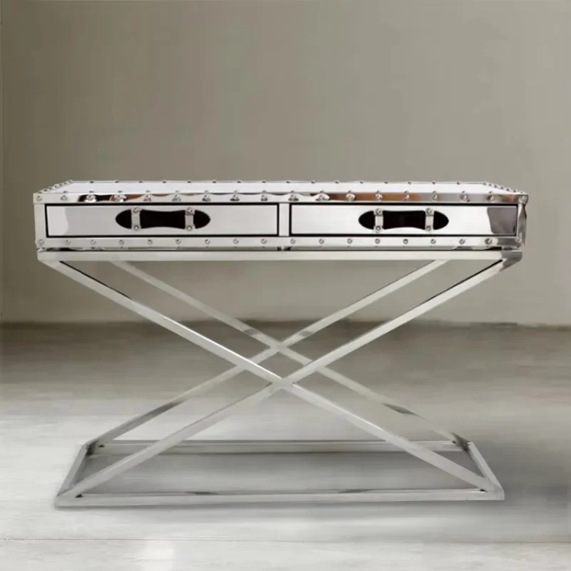

Modern European X-Shaped TV Cabinet Simple Two Drawer Design Polished Stainless Steel Living Room Console Table
