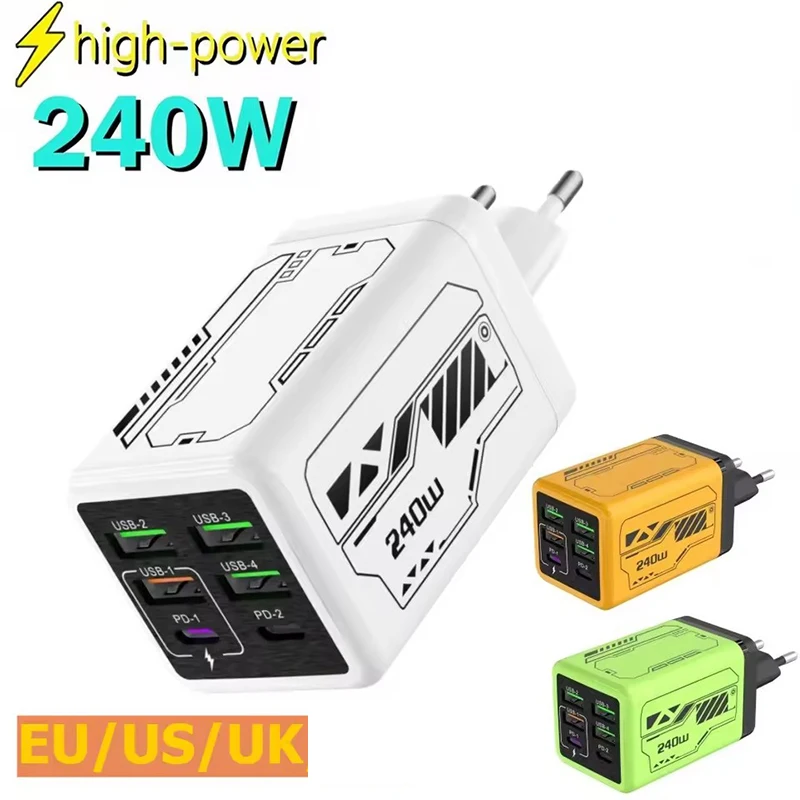 240W GaN Charger 6 Ports Super Fast Charging Charger High Speed Adapter For Xiaomi iPhone 18 Pro Max Duo Samsung Phone Charger