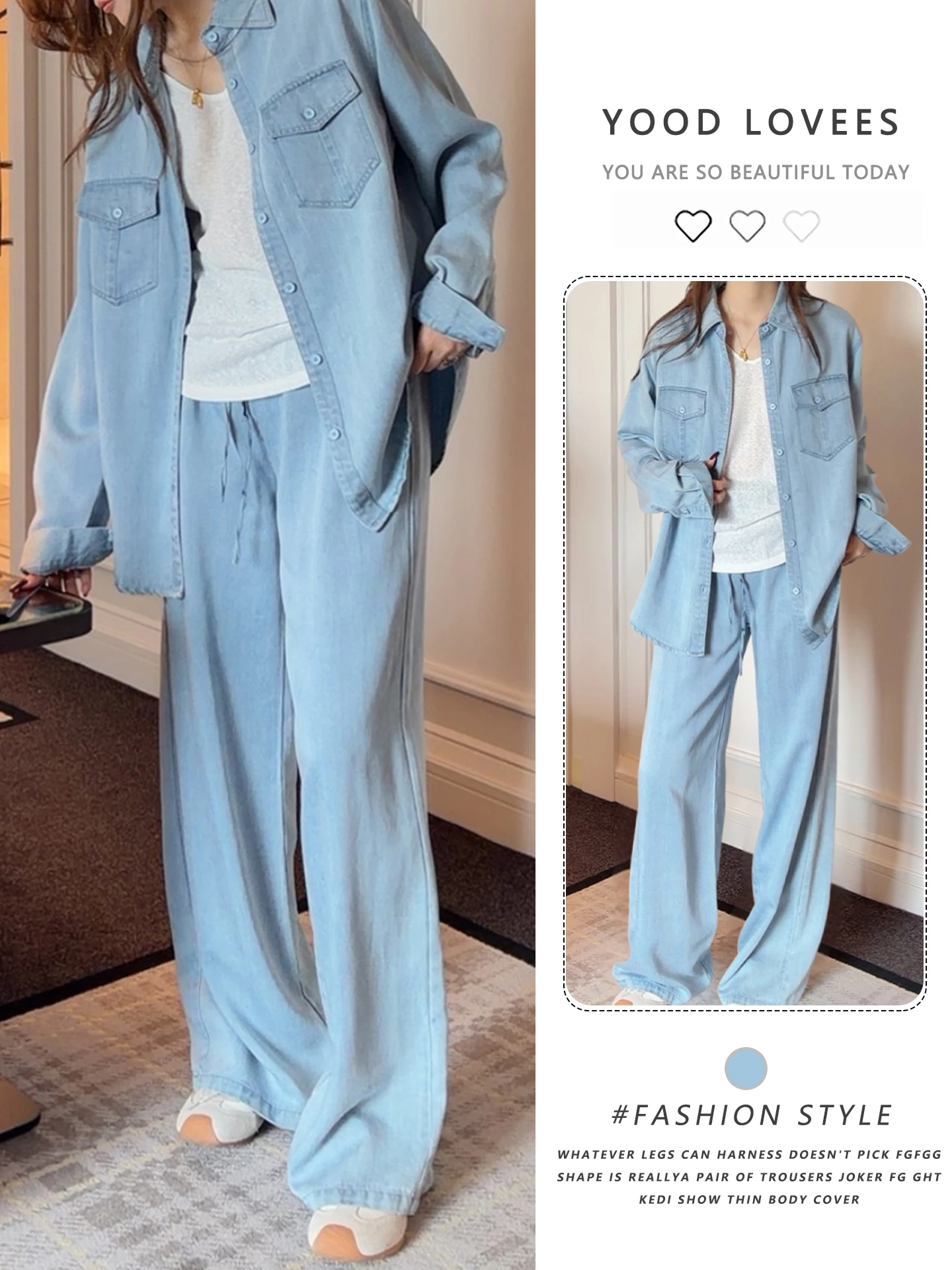 Conjunto de Dos Piezas de Camisa Vaquera de Alta Gama y Pantalones Anchos, Estilo Casual y Elegante para Primavera/Otoño 2026, Ideal para el Trabajo y con un Look que Desafía la Edad