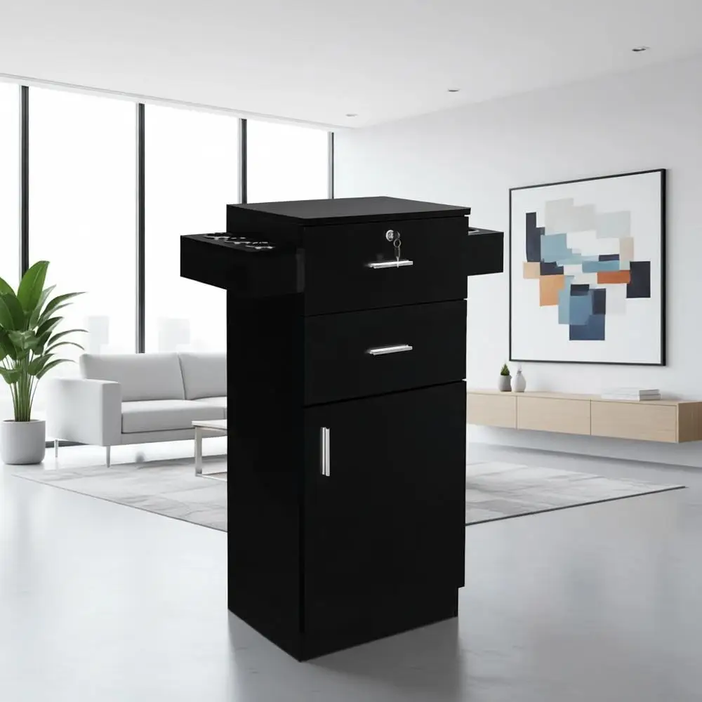 

Черная деревянная станция для укладки волос с замком для хранения косметологического и парикмахерского оборудования