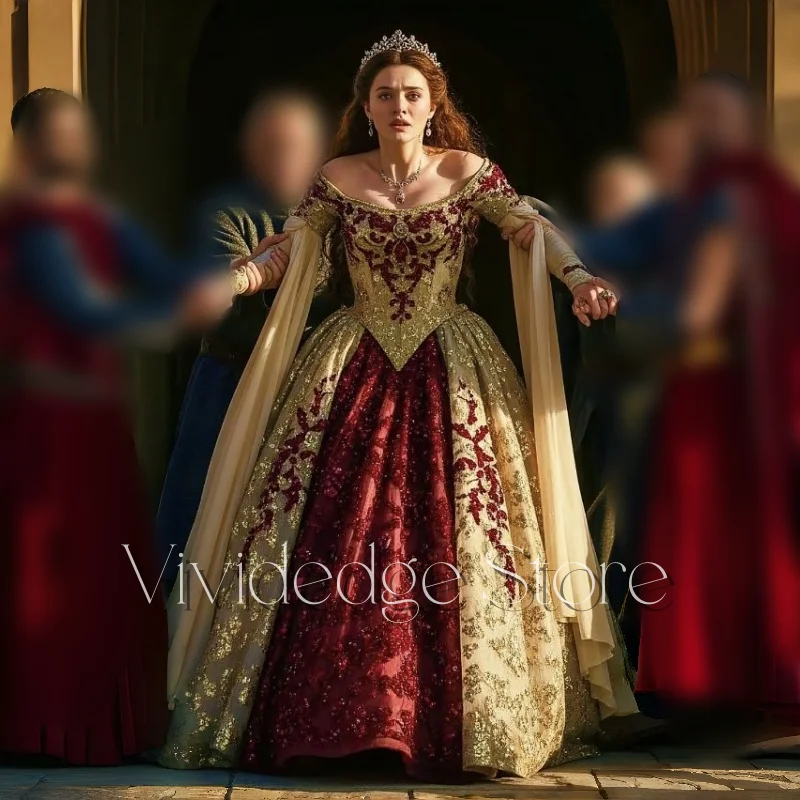 

Customized Luxury Medieval Court Princess Ball Gown Off The Shoulder Long Sleeve Sequined Lace Appliques A-Line Evening Dresses