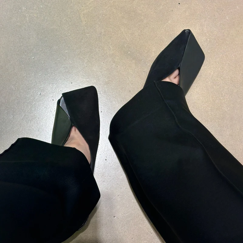 

Retro All-Match Stiletto High-Heeled Slippers Square-Toed Suede Patchwork Mule Sandals Black Soft Leather Slip-On Women's Shoes