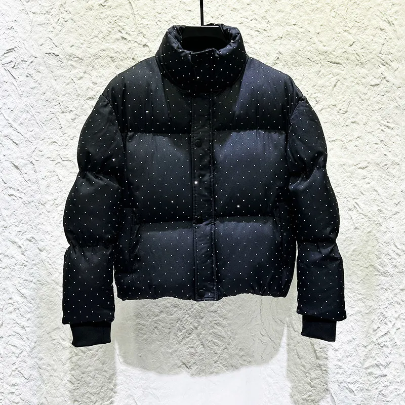 Winter Verdickte Warme männer Baumwolle Jacke Schwarz Kurzen Mantel High-end-Sternen Himmel Strass Stehkragen Baumwolle Kleidung