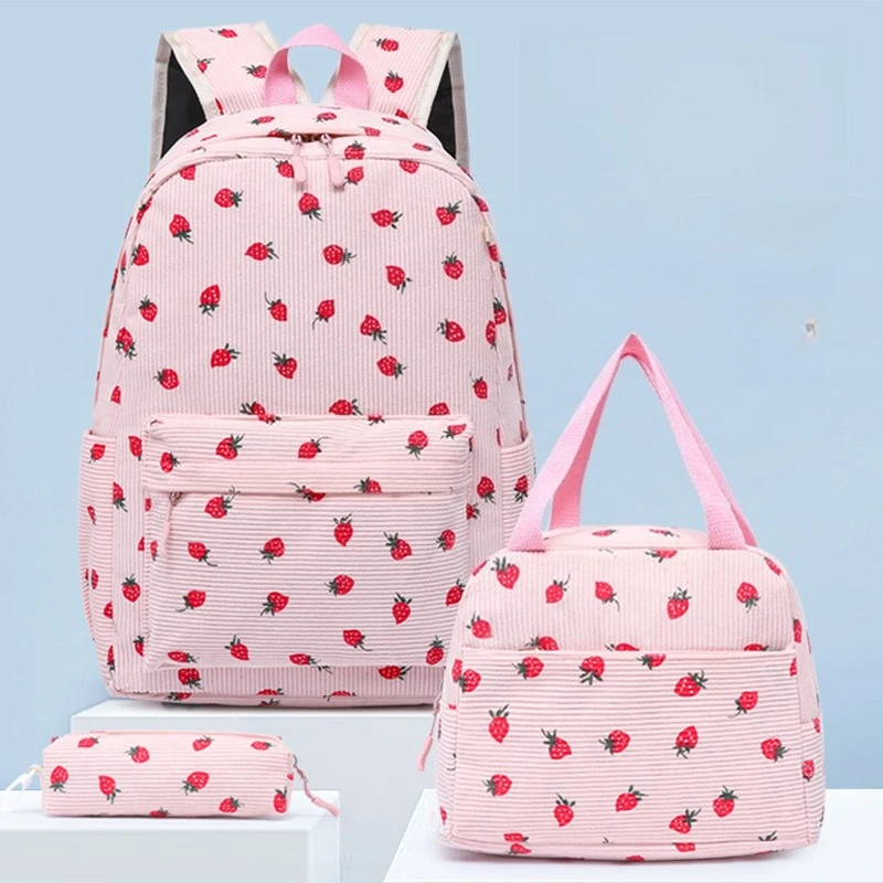 3Pcs Strawberry Print Backpack Set for Girls Corduroy School Bag with Lunch Bag Pencil Case Cute Bookbag Daily Travel Mummy Bag