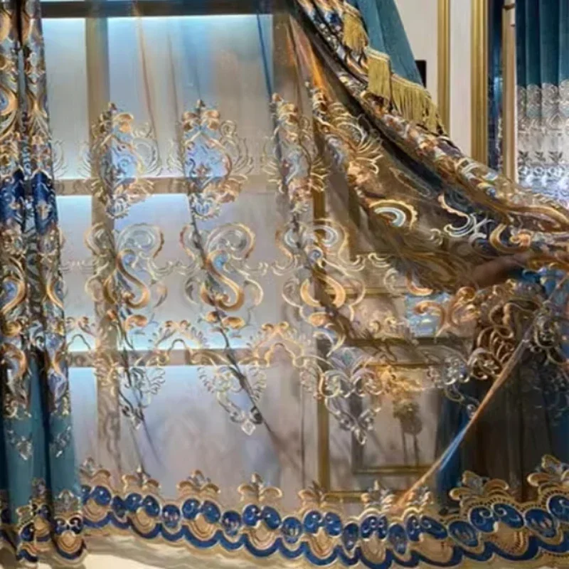 

Роскошные европейские синие синельные напольные шторы с вышивкой для гостиной, спальни, столовой, индивидуальный размер, ретро-принт