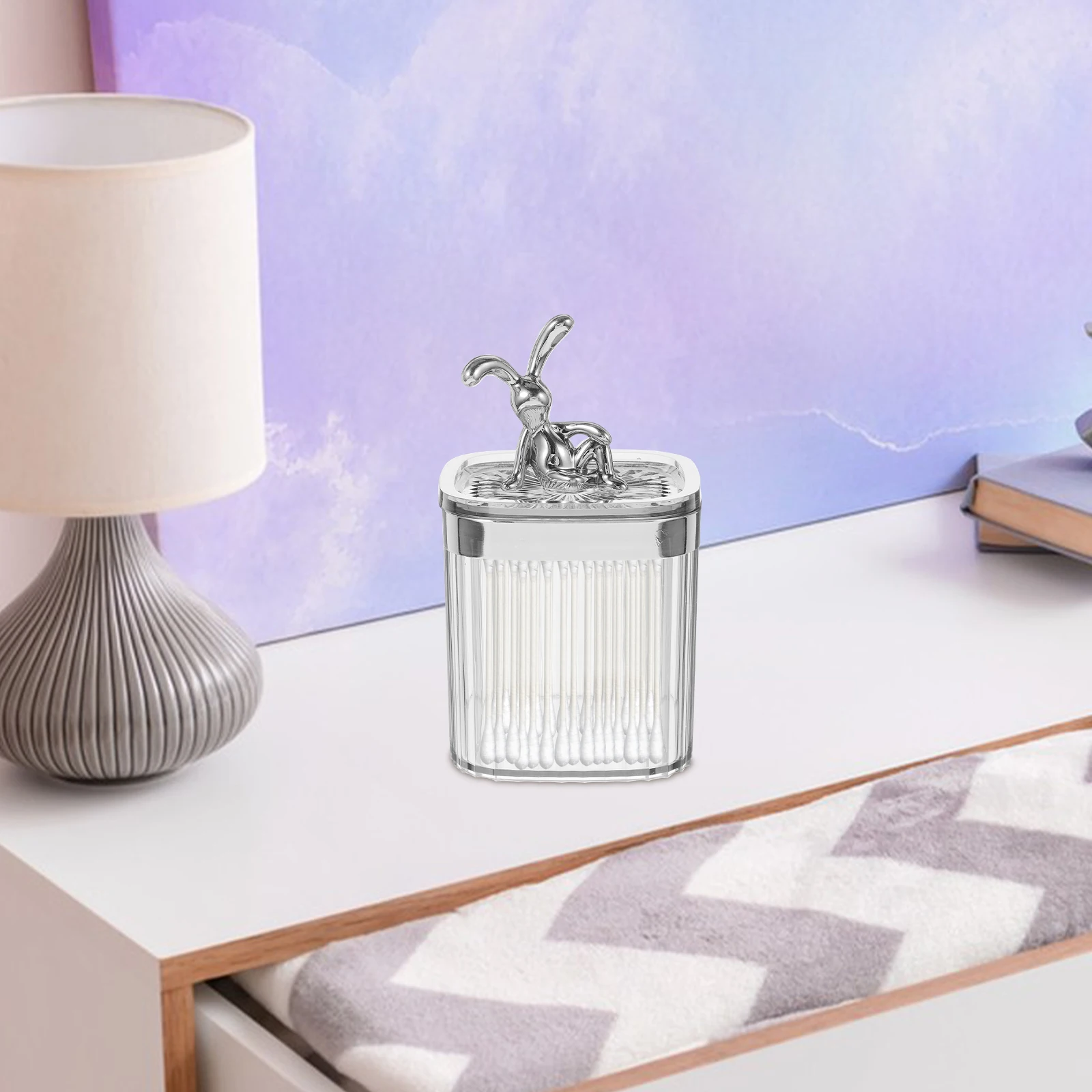 

Storage Jar With Bunny Lid Clear Organizer For Cotton Swabs Balls Pads Vanity Desktop Bathroom Tabletop Box