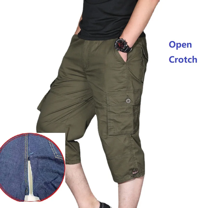 

Open Crotch Men's Summer Cargo Short Pants 3/4 Length Straight Loose Joggers Baggy Shorts Boardshort Male Hip Hop Short