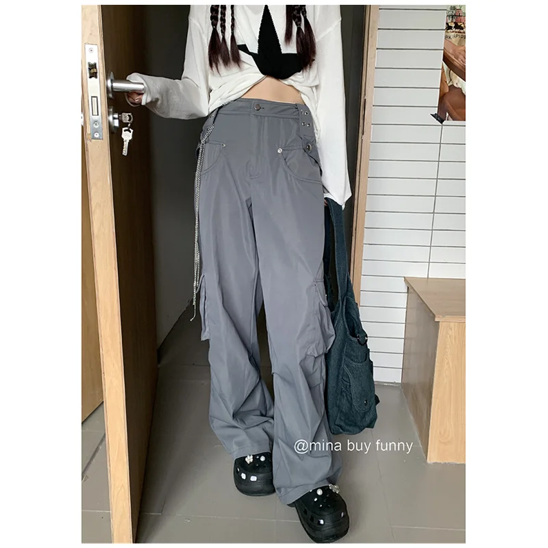 Cinza mulheres carga calças de cintura alta 2022 verão vintage calças retas streetwear harajuku baggy casual drawstring cargo calças