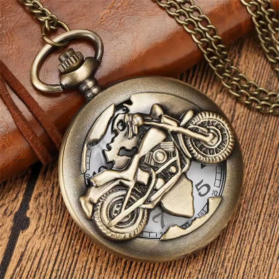 Retro Motorcycle CAR Pattern Quartz Pocket Watch Motorbike MOTO Design Pendant Fob Watch Chain Gifts for Men image 2