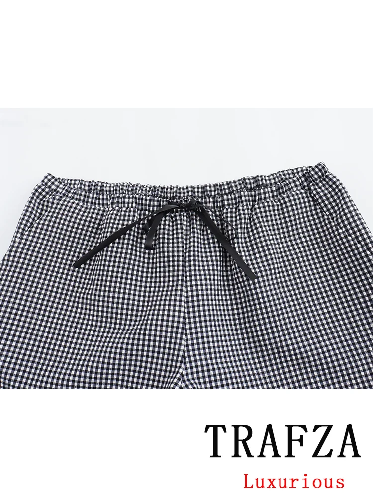 TRAFZA Vintage Casual Chic Women Suit Plaid Ruched Bow Sleeveless Cami Top Lace-up Loose Shorts New Fashion 2024 Summer Sets