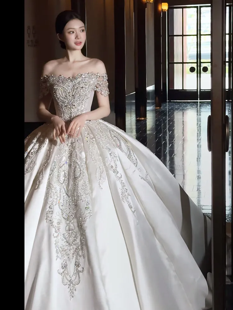 Off Shoulder Satin Wedding Dress Luxury Heavy Beaded Crystals Ball Gown Bridal Gown With Train（ send with petticoat)