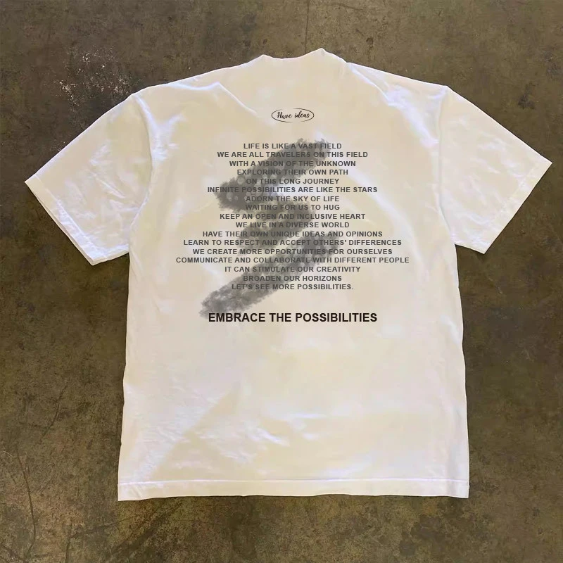 2026 New Men Oversized Cotton T‑Shirt Embrace The Possibilities Back Text Print Short Sleeve Vintage Streetwear Tee