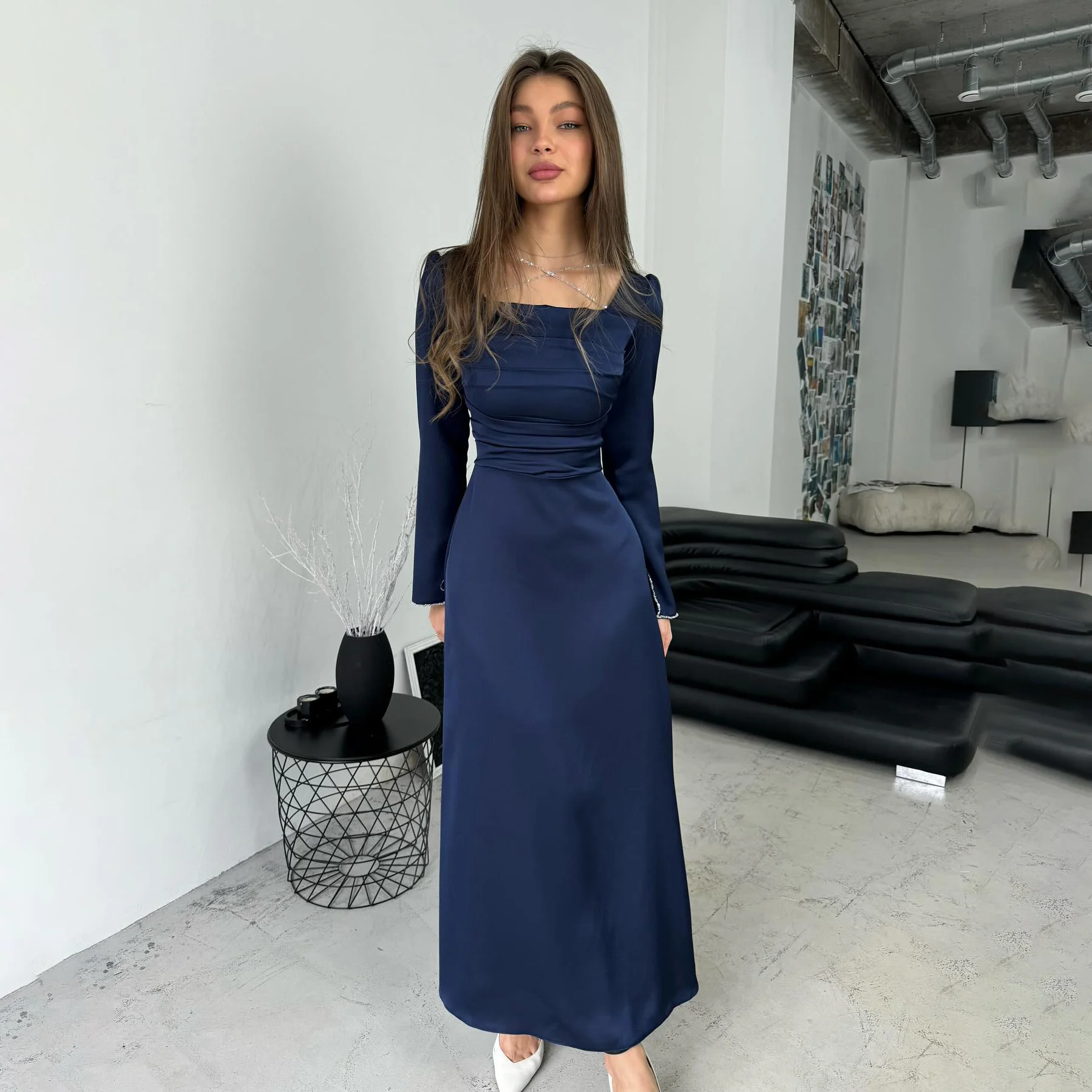 OEING Square Collar Luxury Formal Evening Dresses Pleat Long Sleeves فساتين سهرة Ankle Length Elegant Prom Gowns Party Women