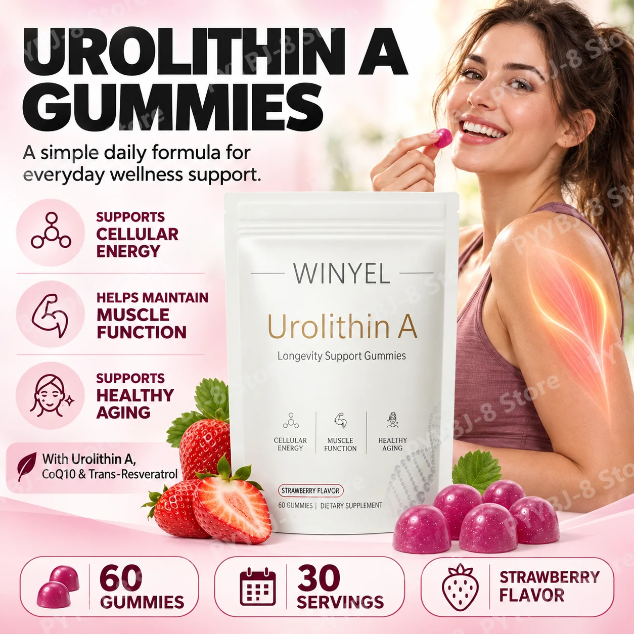 Urolithin A Gummies with CoQ10 and Trans-Resveratrol for Cellular Energy Support and Healthy Aging Support, 60 Gummies